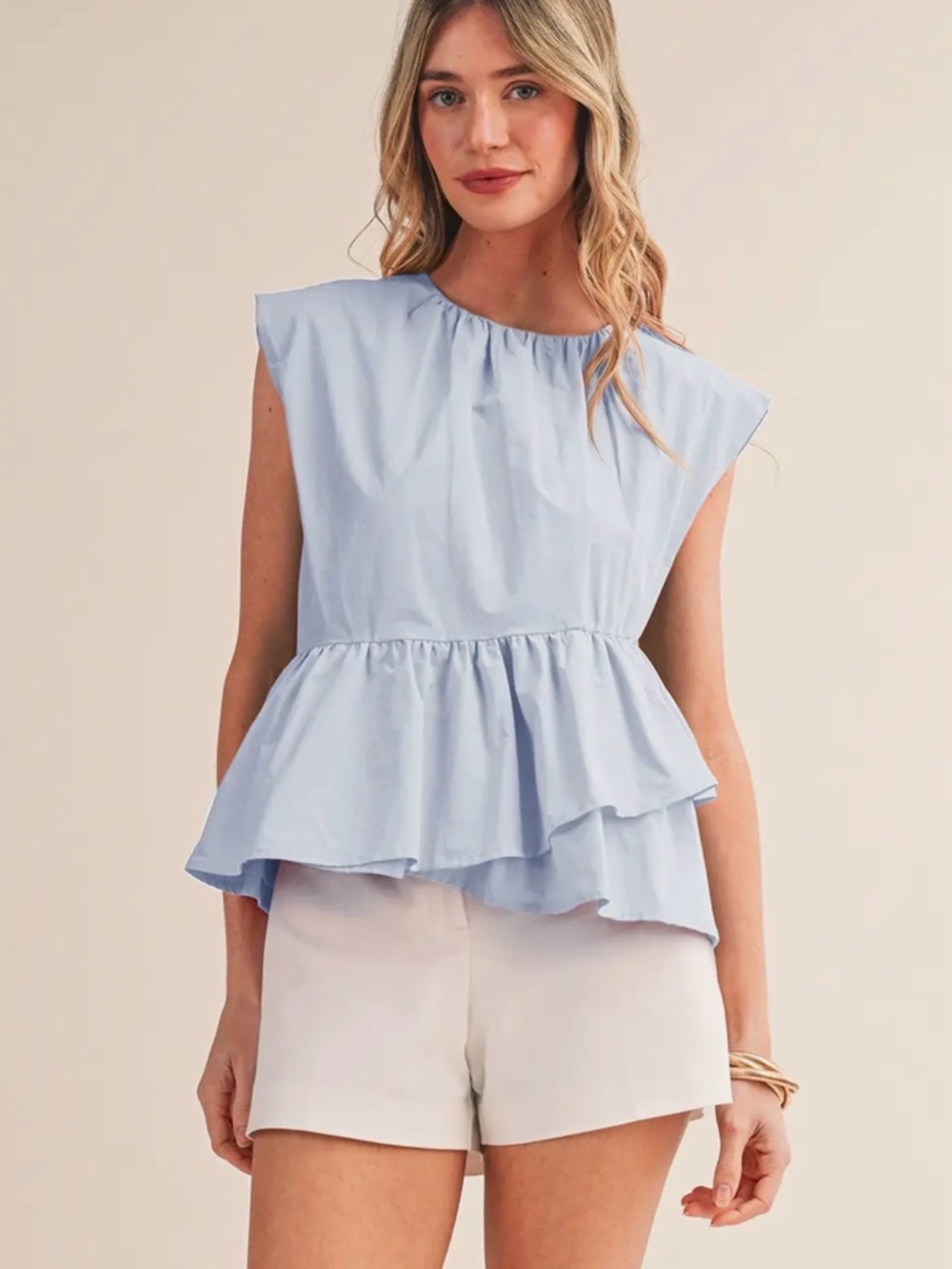 &MERCI SKY BLUE RUFFLED PEPLUM HEM TOP
